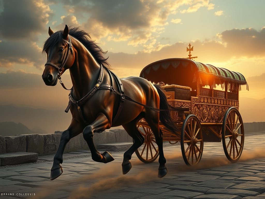 "A stunning cinematic depiction of a mighty Roman draft horse, its muscular brown body gleaming with ...  by @Legolas