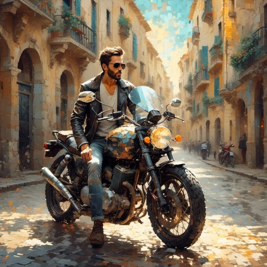 <lora:DistressedPixelation:1.0> A handsome man on his motorcycle