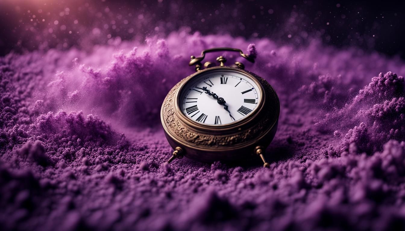 clock being surrounded by purple dust