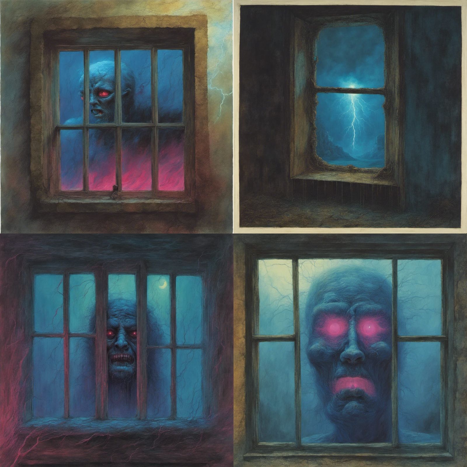 Horrific Demon Face, Window, Glowing blue magenta, horror th...