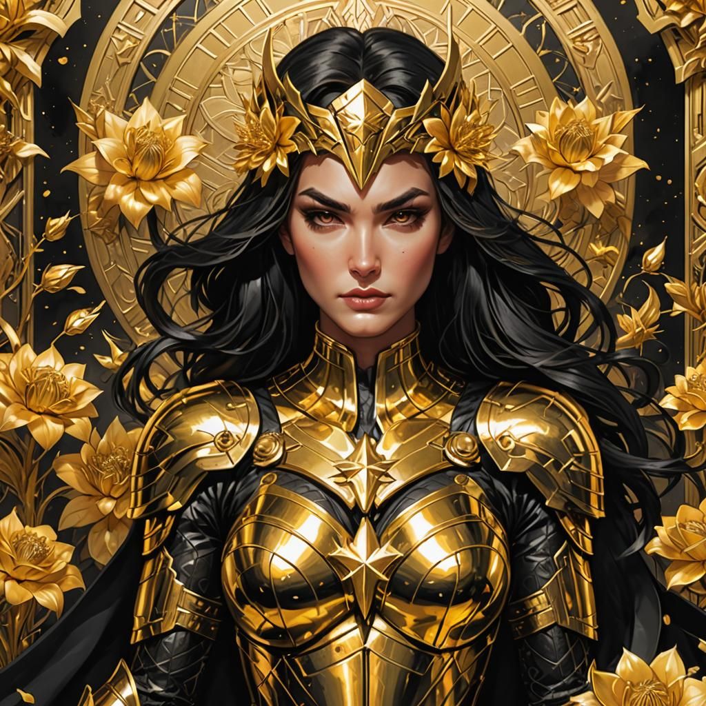 a woman in a gold armor outfit surrounded by gold flowers, a...