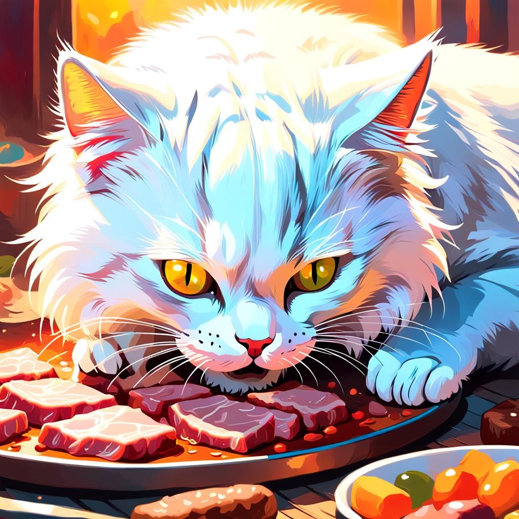 White Cat Eating Meat in Vibrant Digital Art