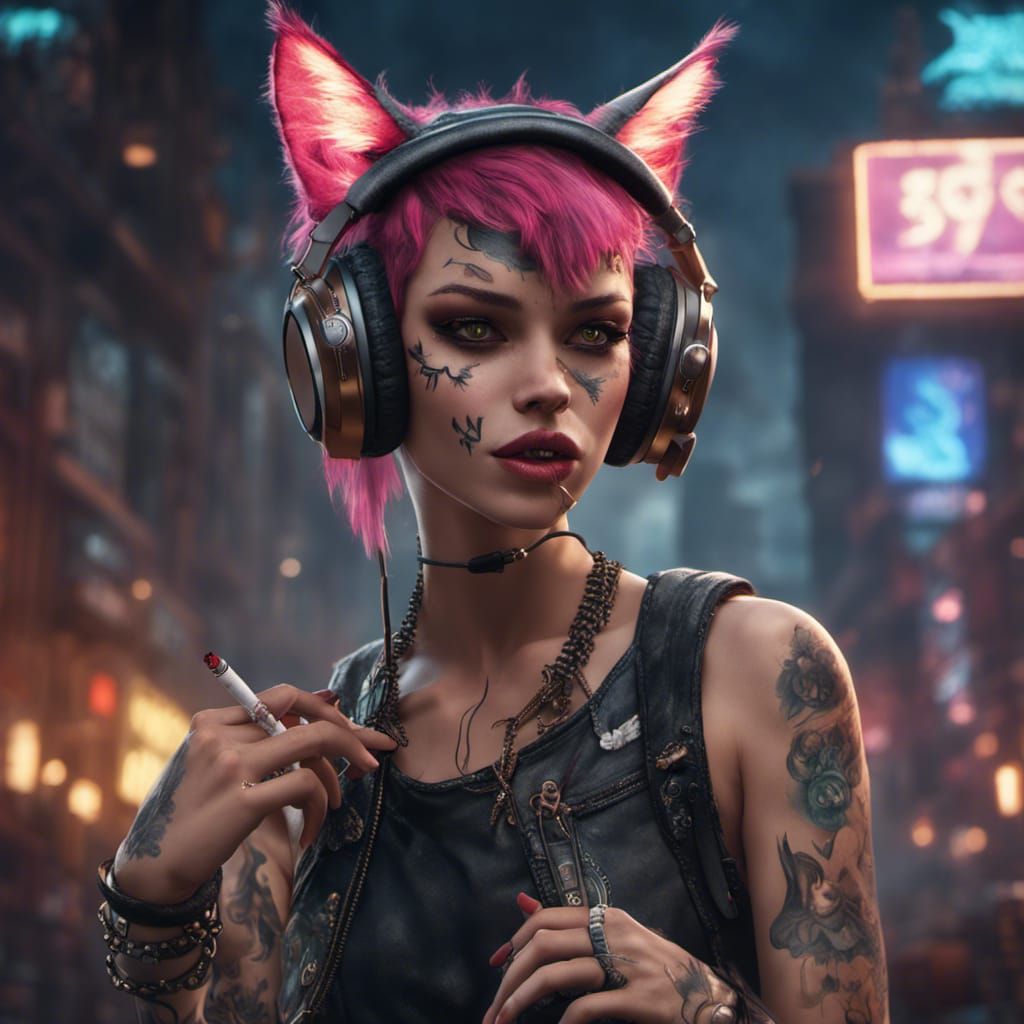 punk catgirl wearing headphones smoking a cigarette AI Generated