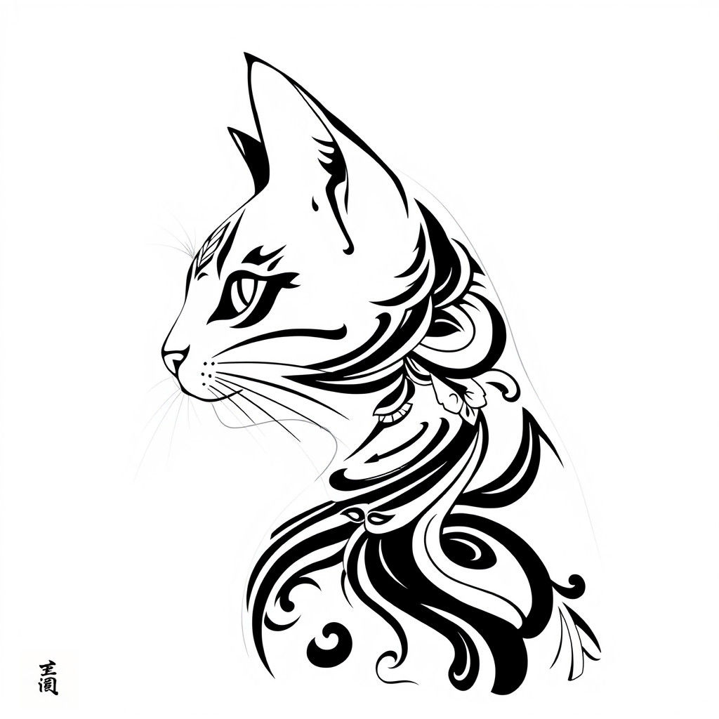 Minimalist Tribal Cat Portrait in Black and White