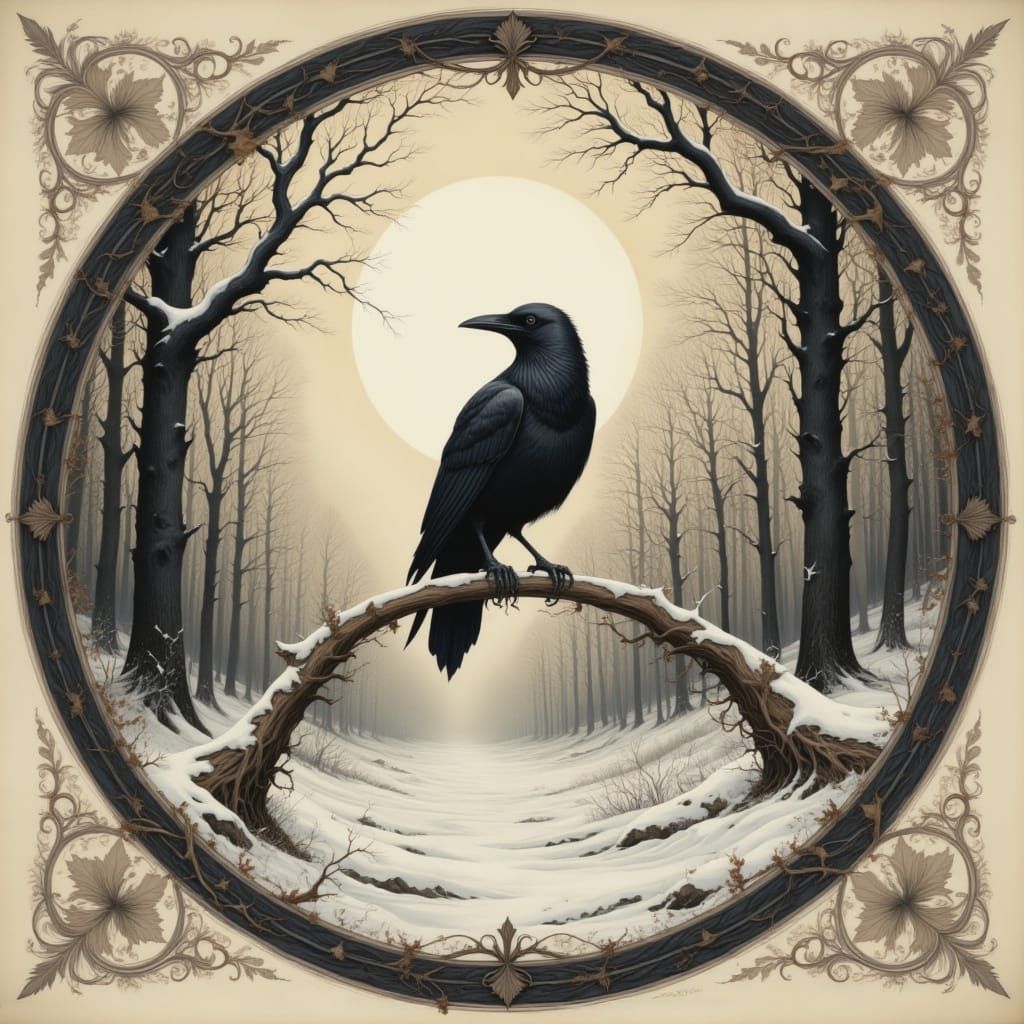 round vignette over ornamented background, a circle of bare branches, thorns, vines, dead leaves, winter, a raven sitting on a snow covered ...
