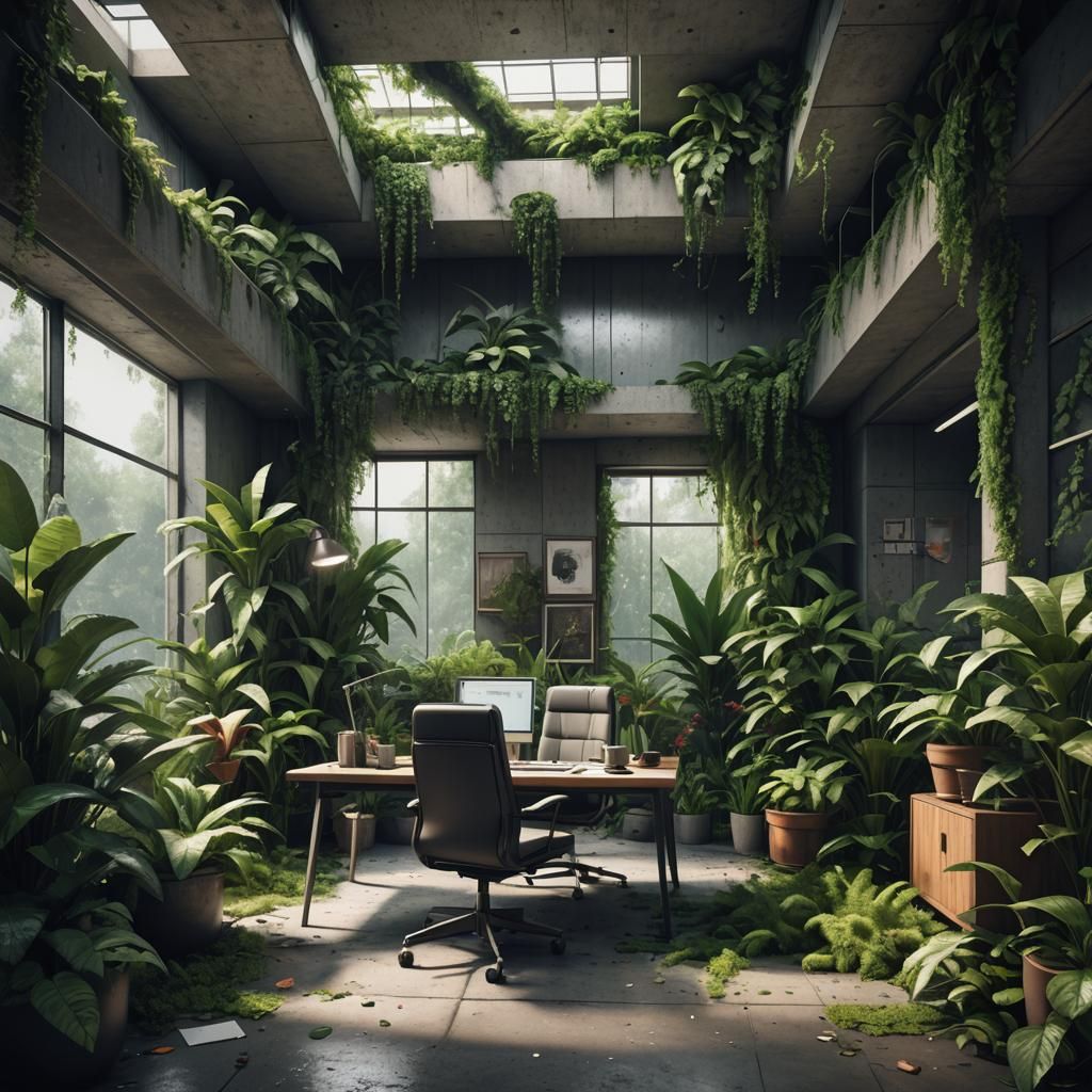 Brutalist Office Interior Overgrown with Plants