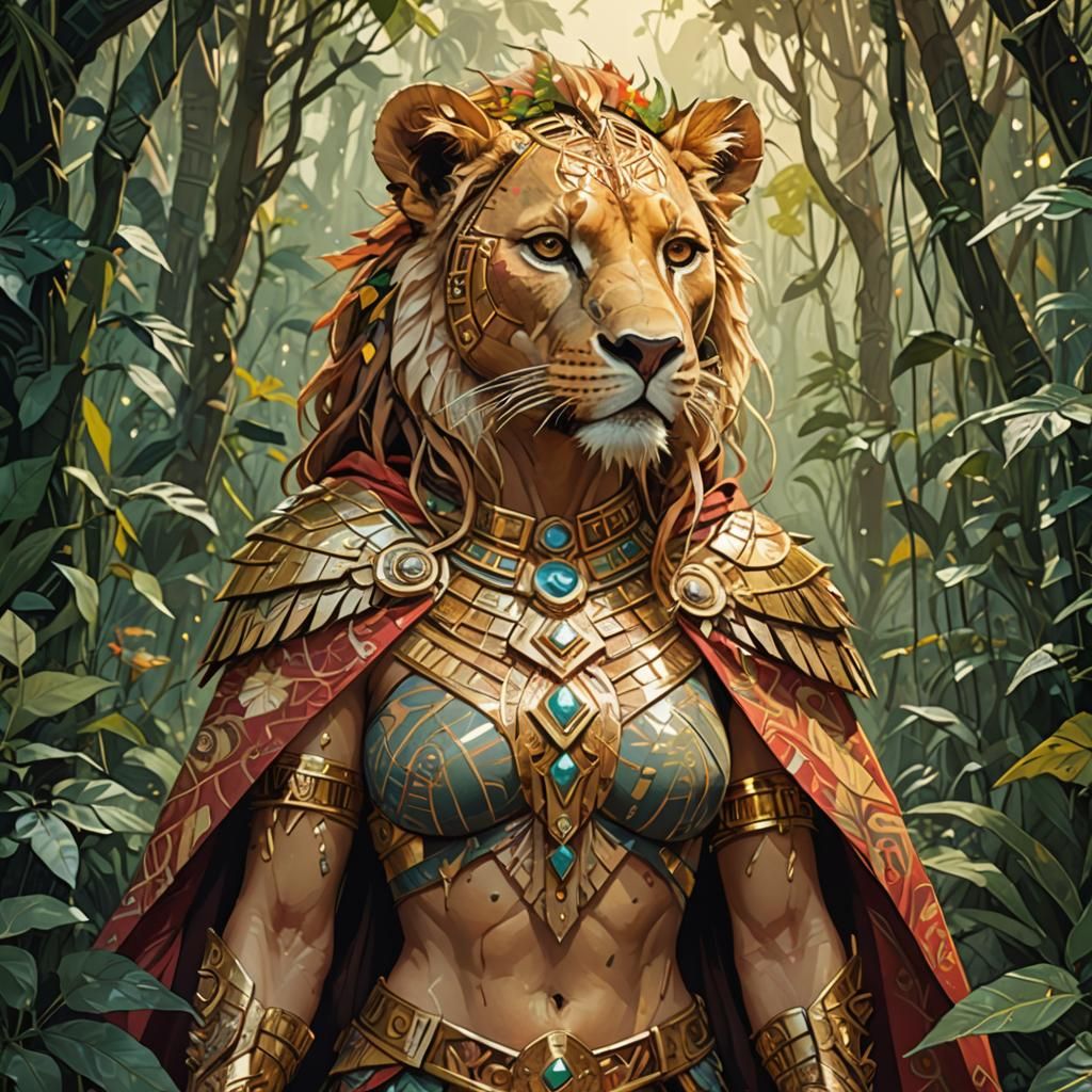 anthropomorphic female lioness aztec warrior, standing in the jungle, wearing a cape, golden outlines, highly detailed, intricate motifs, or...