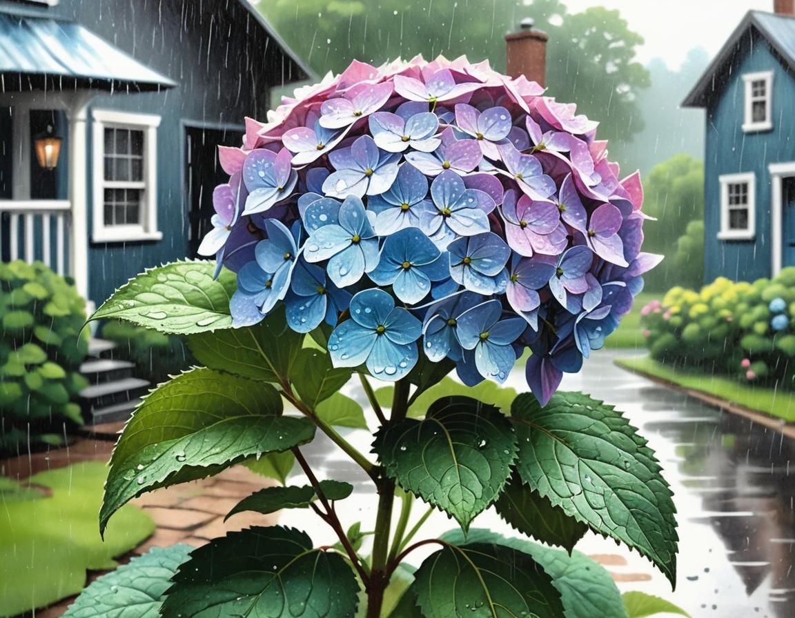 A   wet beautiful hydrangea in front of the house during the...