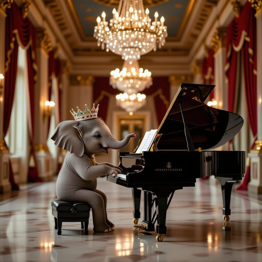 Baby Elephant Plays Piano in Opulent Ballroom