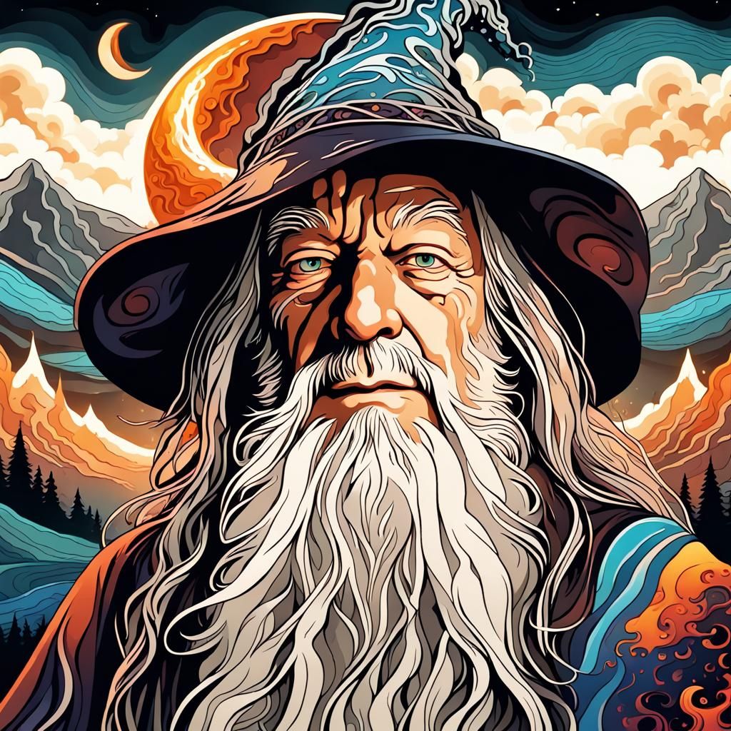 close up of Gandalf the wizard standing in front of a mountain ...