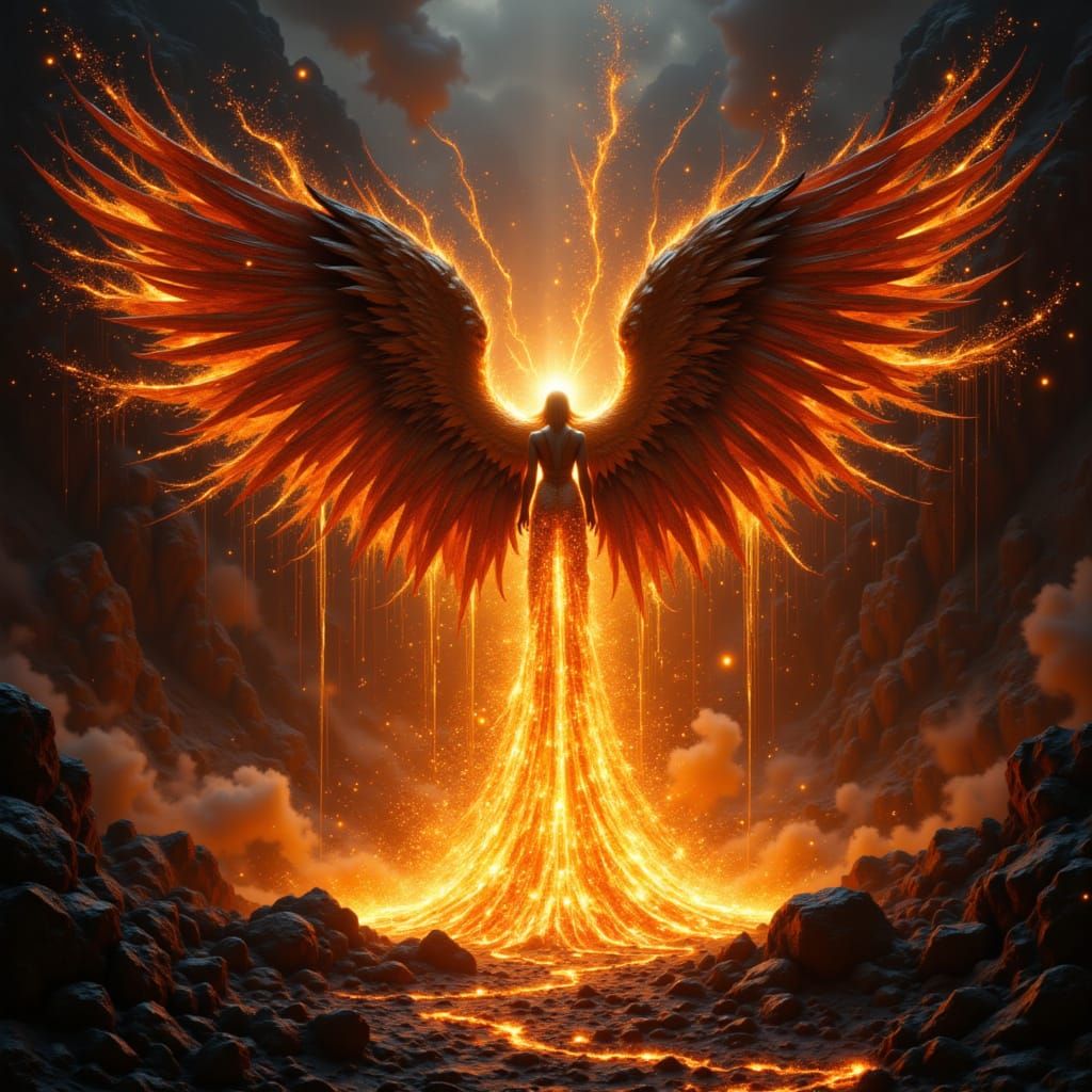 A dramatic angel of molten metal and bright intense sparks flying everywhere, in a dark background. The reaction is a burst of fiery orange ...