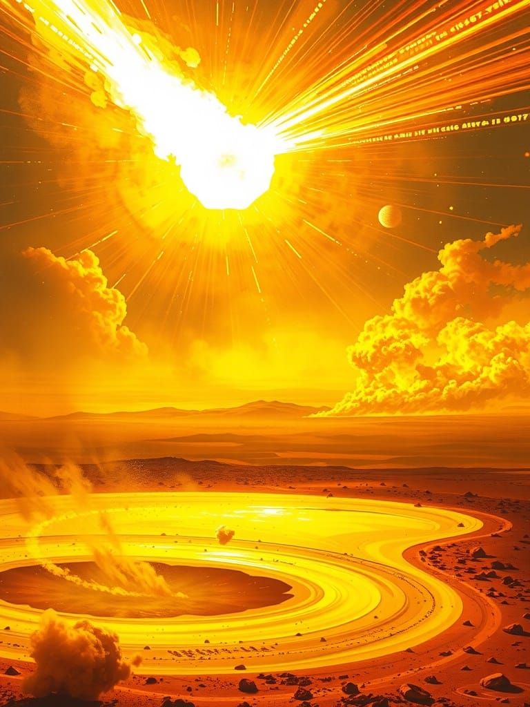 A3-sized ultra-detailed realistic illustration of the formation of Libyan Desert Glass from a meteorite airburst over the Sahara. The scene ...