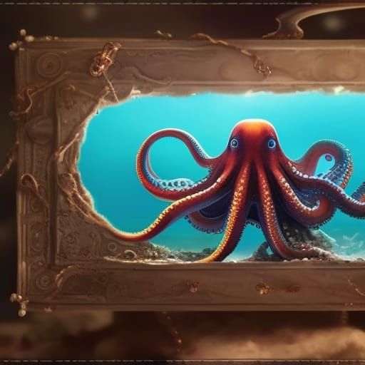 Realistic octopus crawling out of a box on the ocean floor