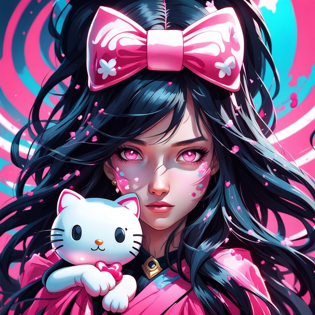 Teenage girl with long black hair and pink eyes, Holding hel...