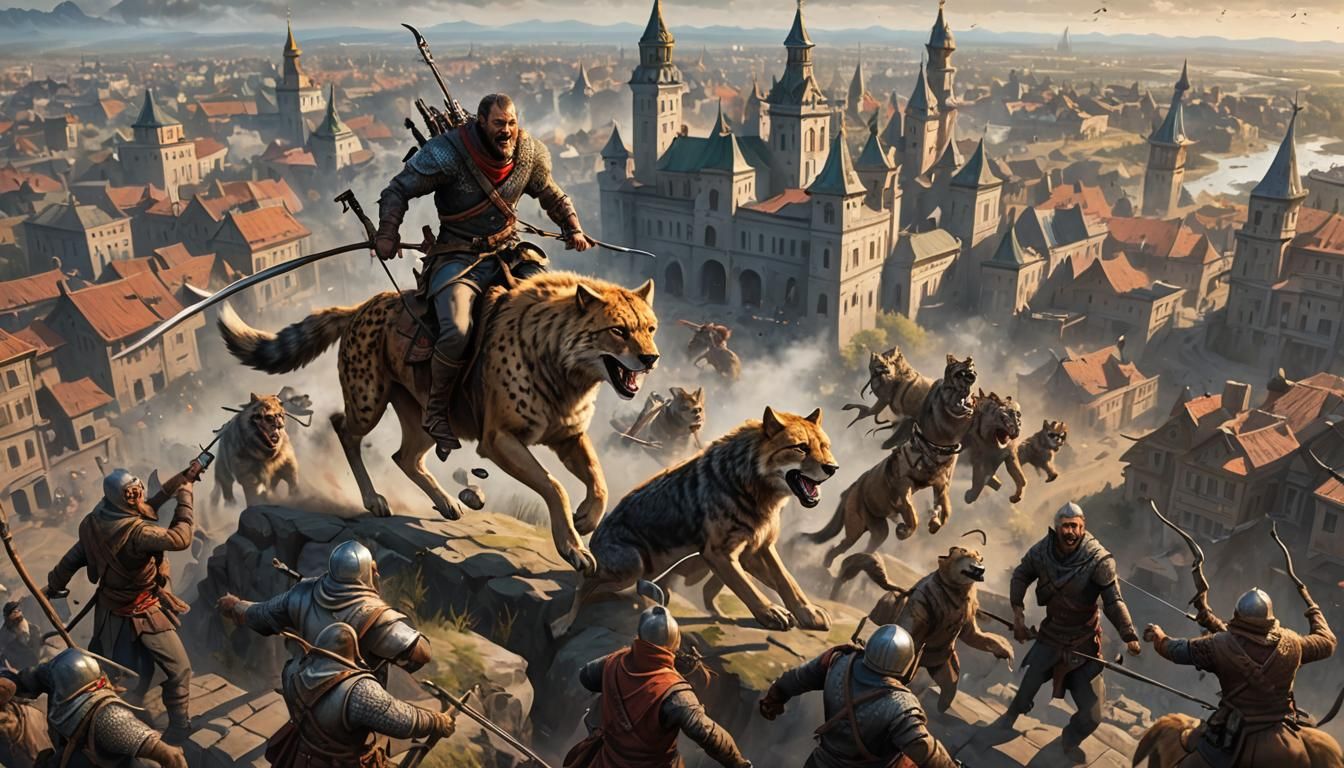 epic werewolf archer ride a  cheetah and  wolves pack. Russi...