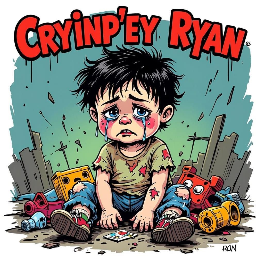 A weeping kid with a tears streaming down face, inspired by the classic Garbage Pail Kids style