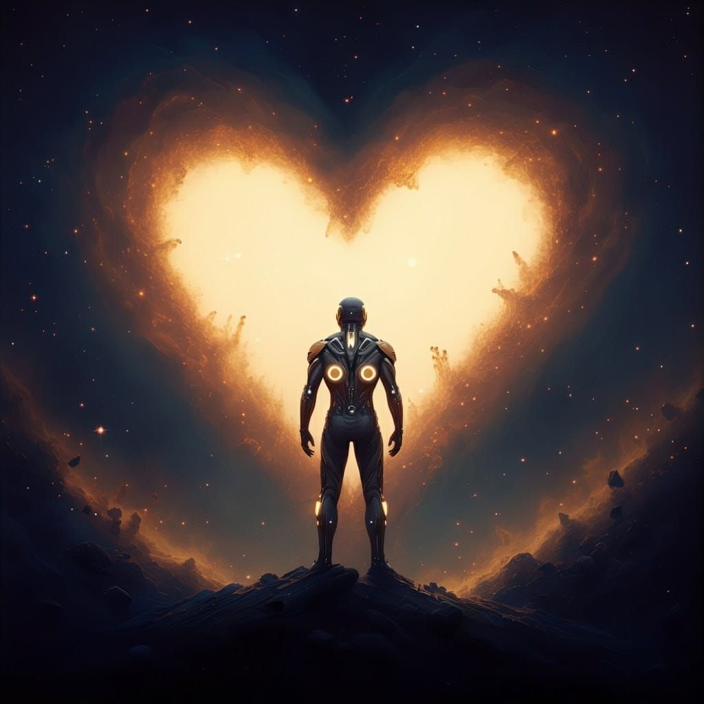 Futuristic Silhouette Against Heart Nebula