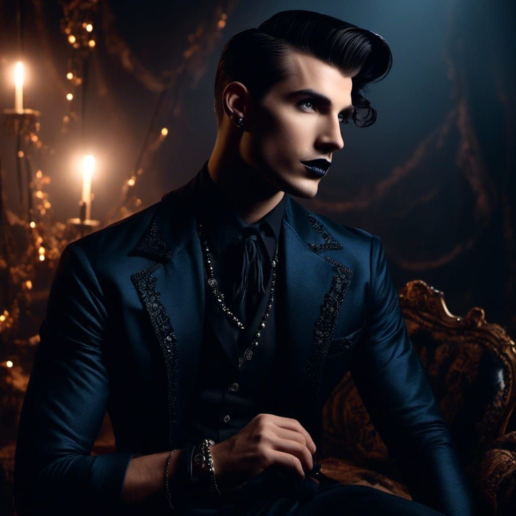 <lora:Midnight Retro:1.0>mid shot portrait, goth man with dark hair, wearing 1950’s vintage midnight blue, dramatic goth makeup with black l...