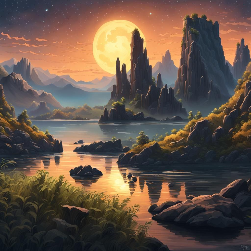 The image depicts a serene landscape at twilight or dawn, with the sun low in the sky casting long shadows ...  by @Nick Moores-68