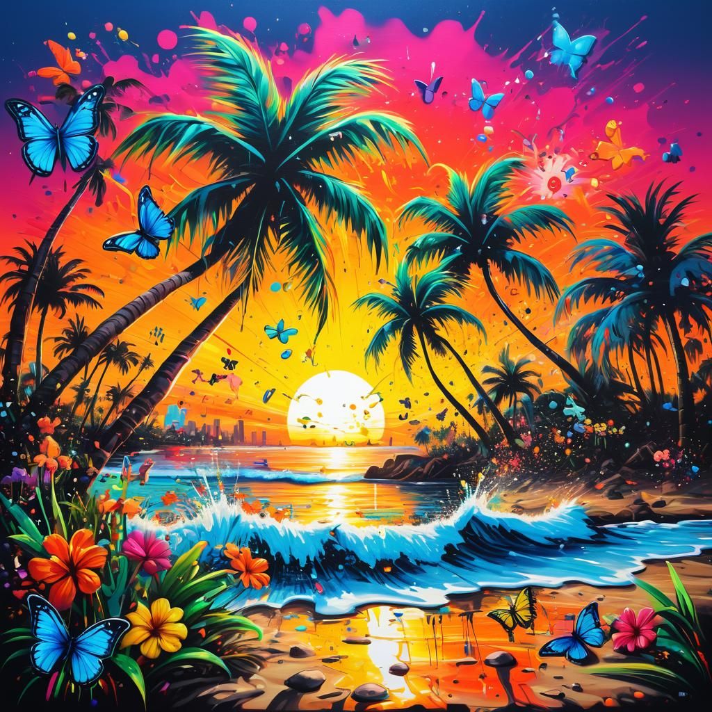 beach sunset, with palm trees flowers butterflies