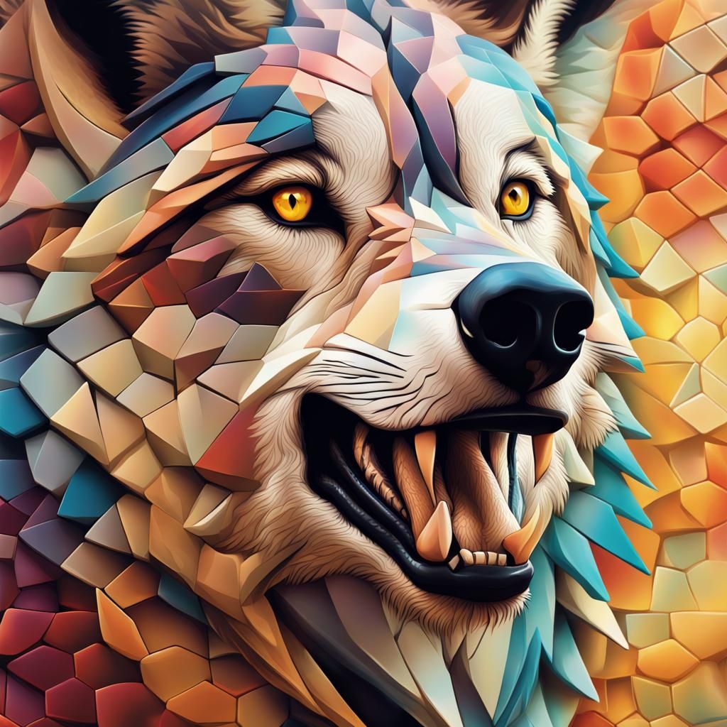 Create an image of an wolf's face up close. The subject is m...