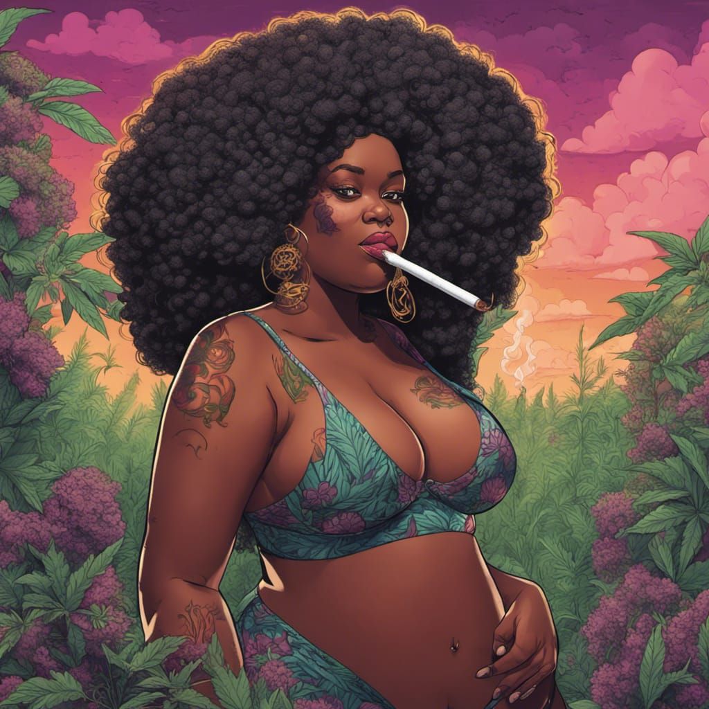 A cartoon drawing of a chubby black woman wearing a bikini smoking a joint  in a field of marijuana - AI Generated Artwork - NightCafe Creator