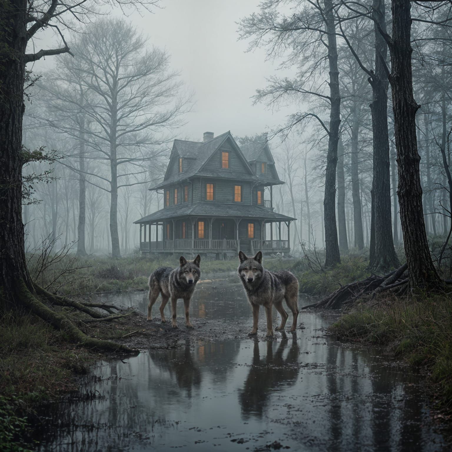 A dark, eerie landscape painted with soft yet unsettling colors. A foggy swamp merges into a dense, shadowy forest, where faint light barely...