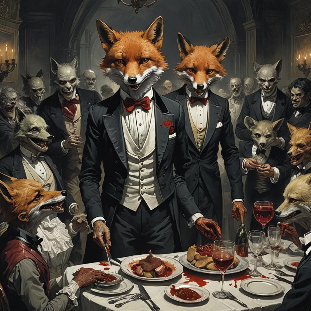 A sinister fox wearing a bloody tuxedo at a grotesque bloody...