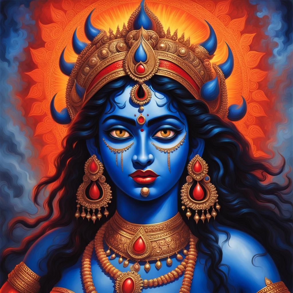 Behold the divine form of Maa Kali, adorned in blue skin and surrounded ...