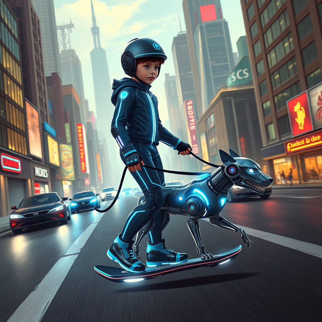 A child walking their robotic dog on a leash while riding their hoverboard In a futuristic city  by @KRoseCarol