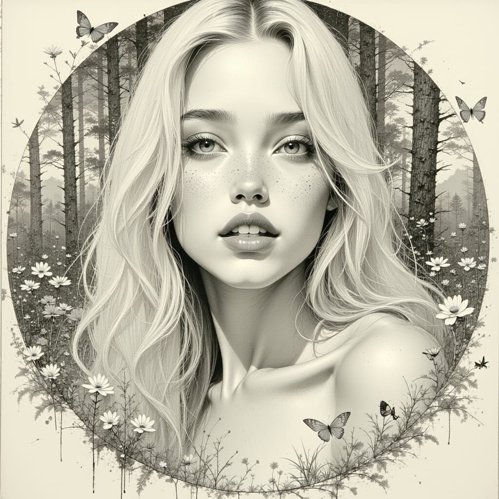  <lora:Akimora:1.0>Pencil sketch of an Extremely beautiful Woman, perfect face, freckles, very long blonde  hair, perfect blue-green eyes, g...