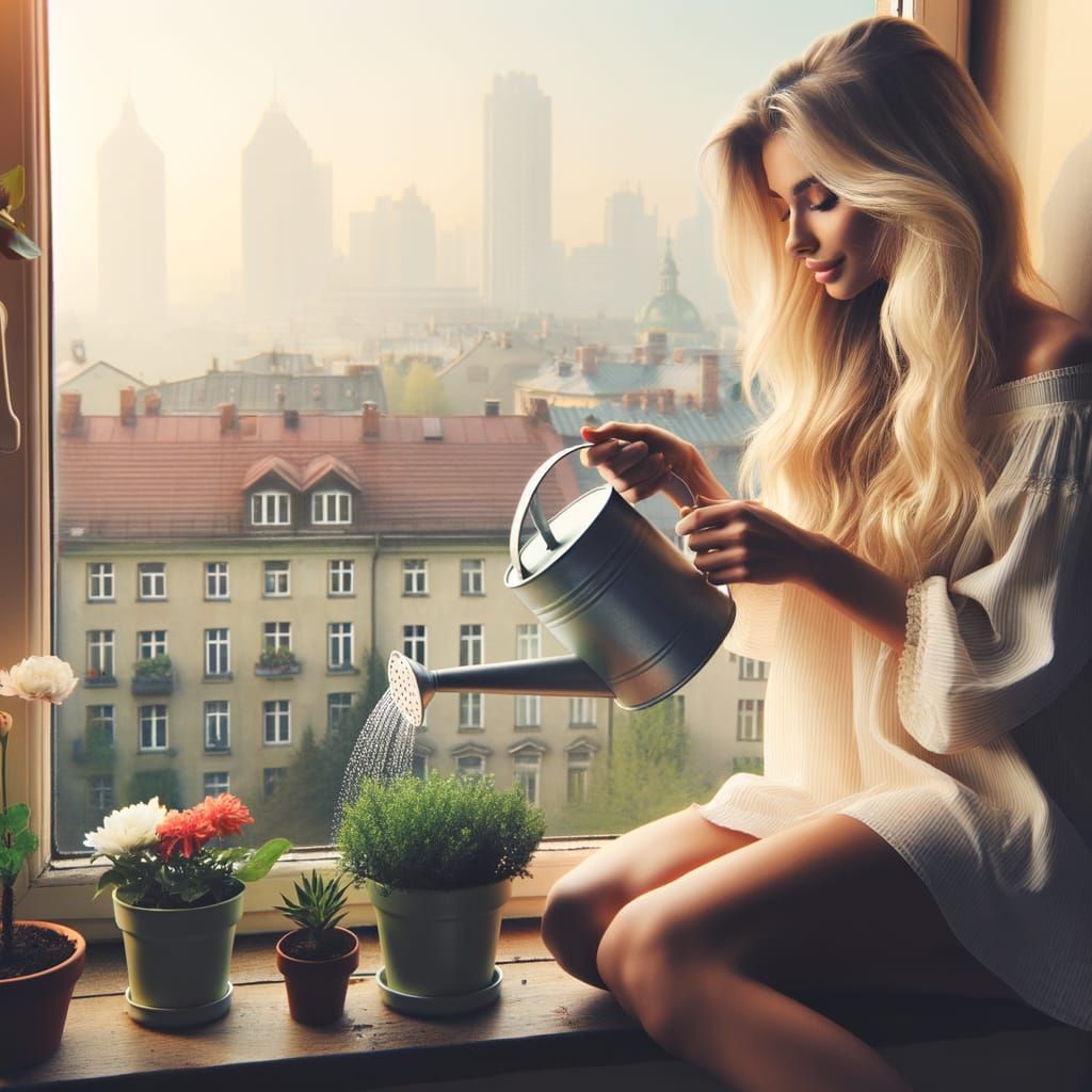 Girl Waters Flowers on Window Sill with Scenic View