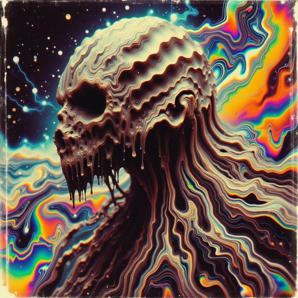 <lora:Chemical Burn:1.0> Vintage surreal photo art: distorted chemical burn imagery merges with psychedelic glitch sinister vintage aestheti...