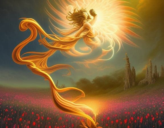 spiritual deity being swirling into pure energy in a field o...