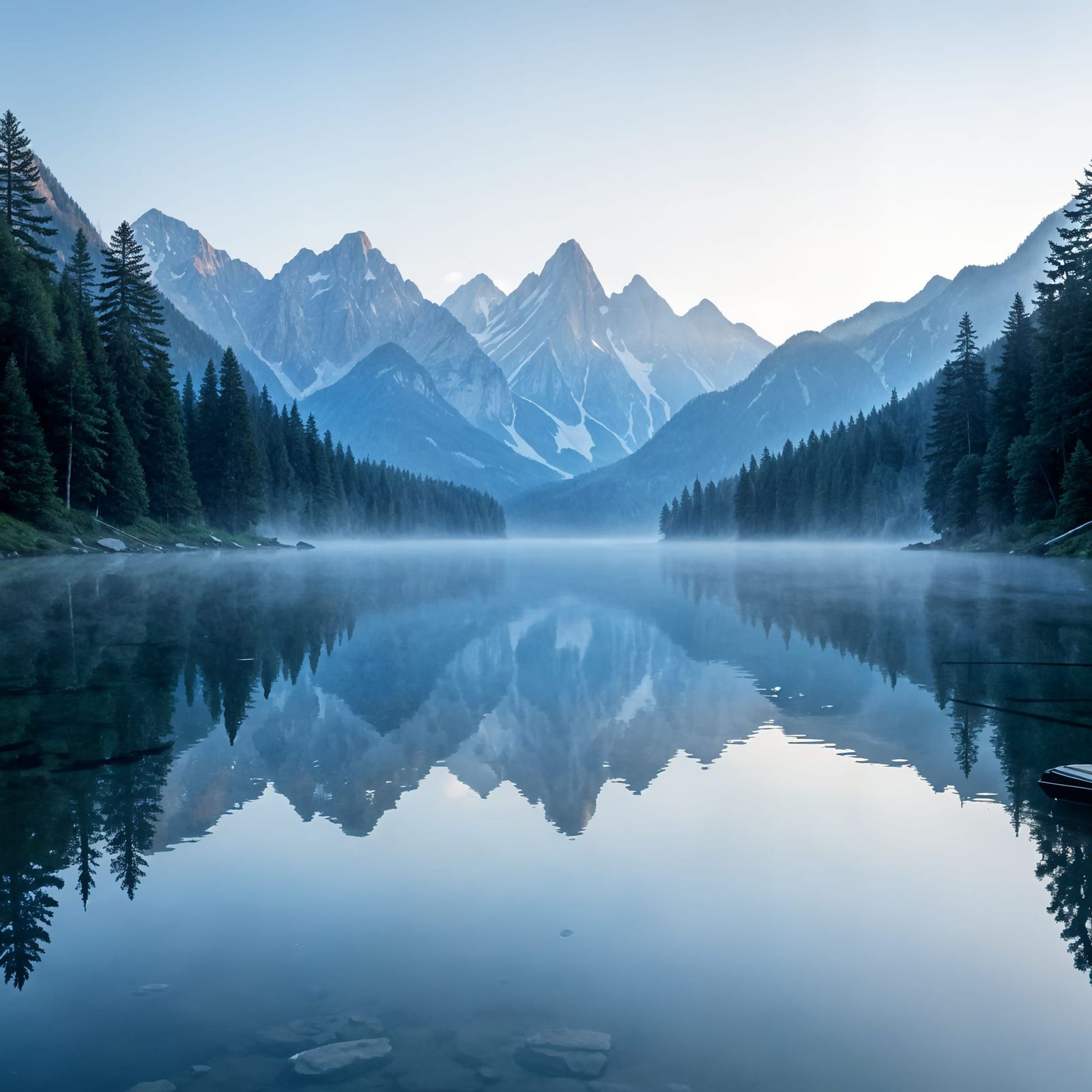 Early morning mountain lake, perfectly still glass-like water surface, strong mirror reflections of surrounding ...  by @Toussaint Dominique