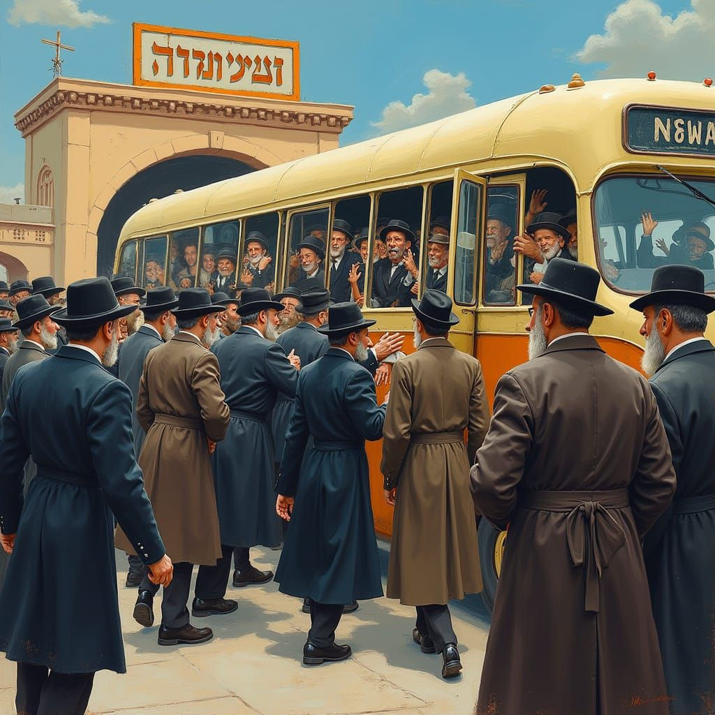 Jewish Passengers Board Vintage Bus in Impressionist Style