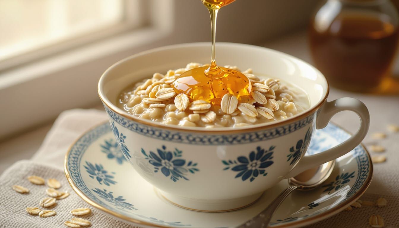A cozy bowl of oatmeal prepared with rolled oats and fresh milk, drizzled with a golden honey that cascades down the sides, creating a delic...