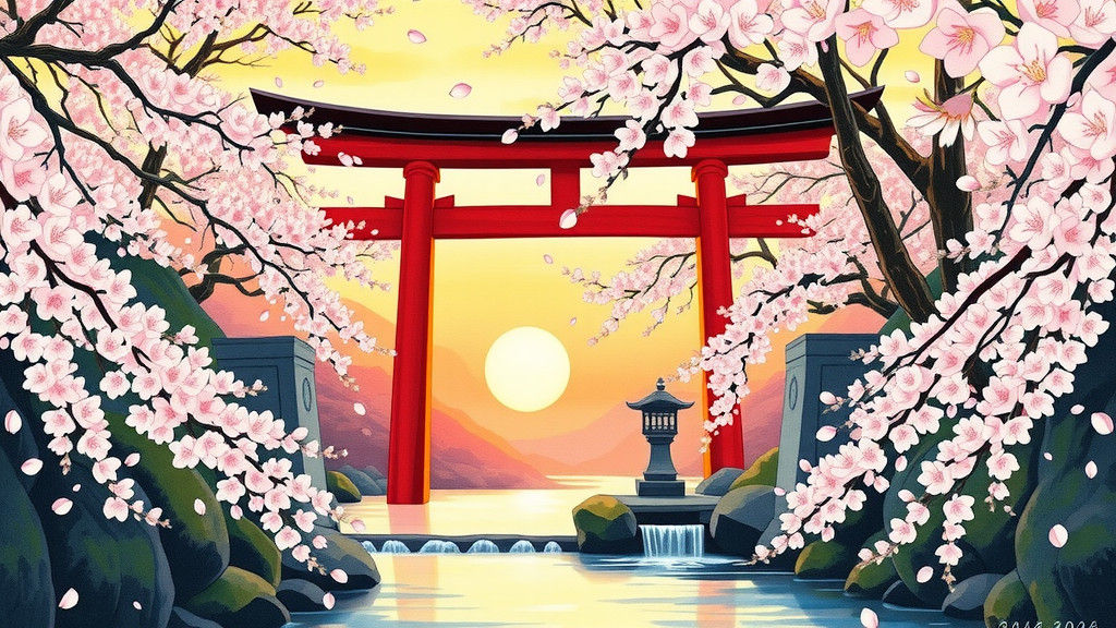 Japanese Shrine at Sunset in Ukiyo-e Style