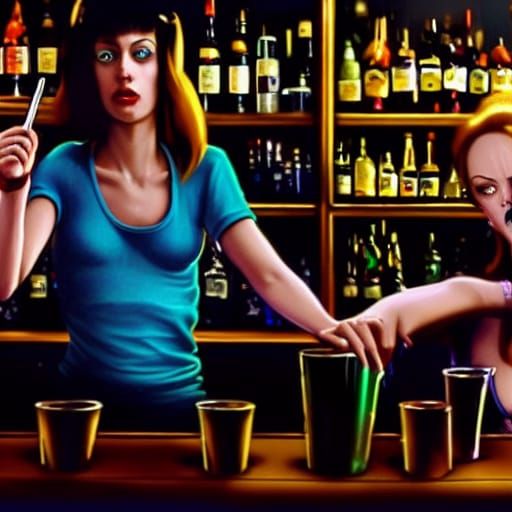 Steve Buscemi with boobies bartending in a wig AI Generated