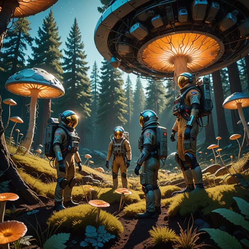 Three people in spacesuits tending to the mushrooms on a mystic planet 