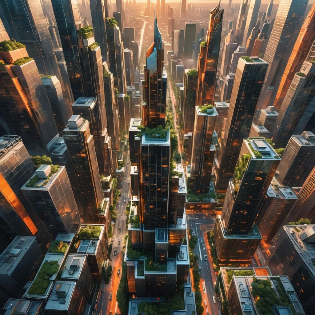 Futuristic Cityscape with Golden Hour Glow as Oil Painting