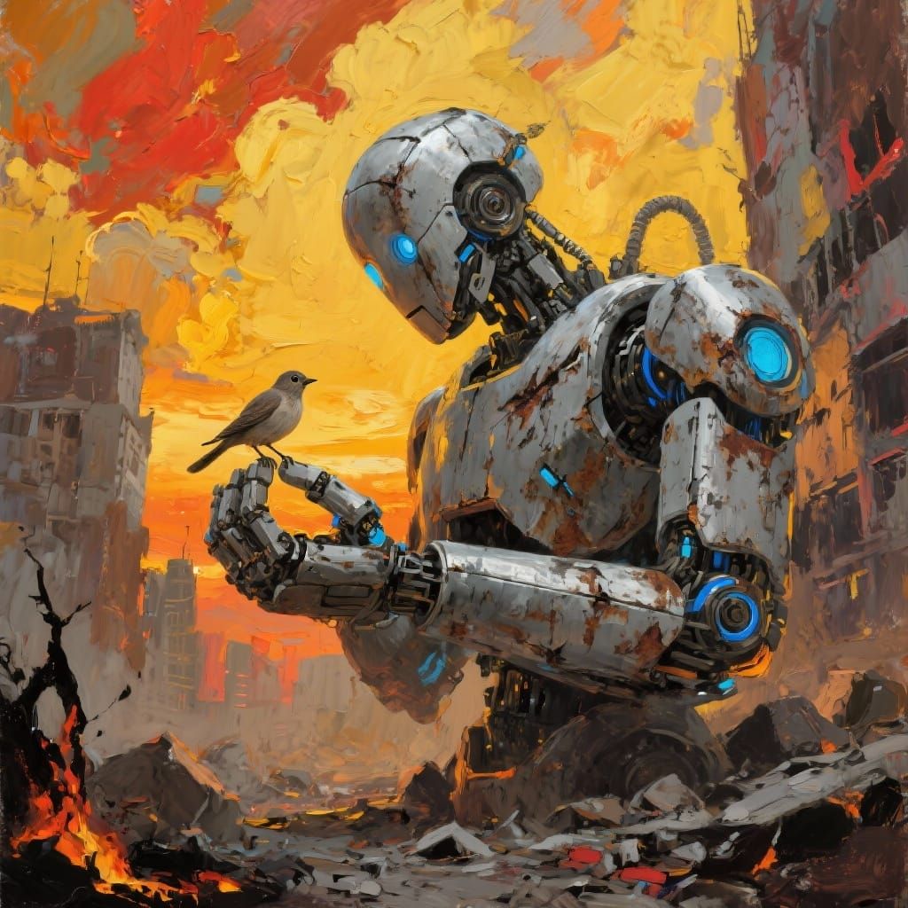 Robot and Bird Impasto Painting