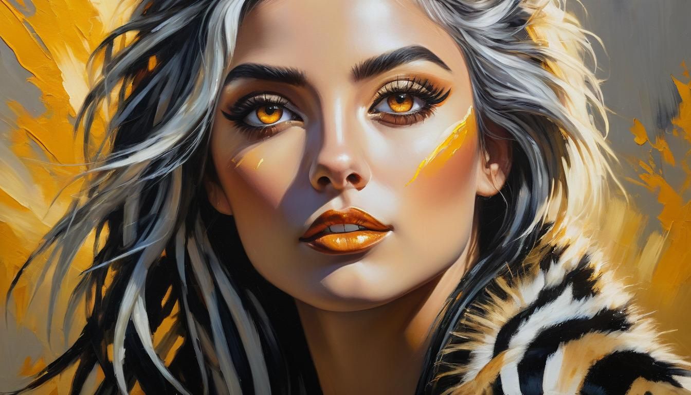 a beautiful woman with black and white striped zebra hair, c...