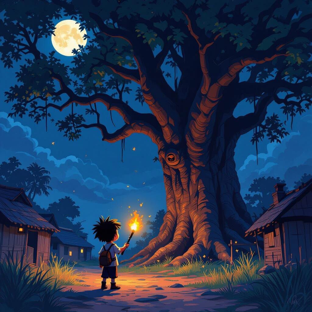 Boy Investigates Strange Noises Under Moonlight