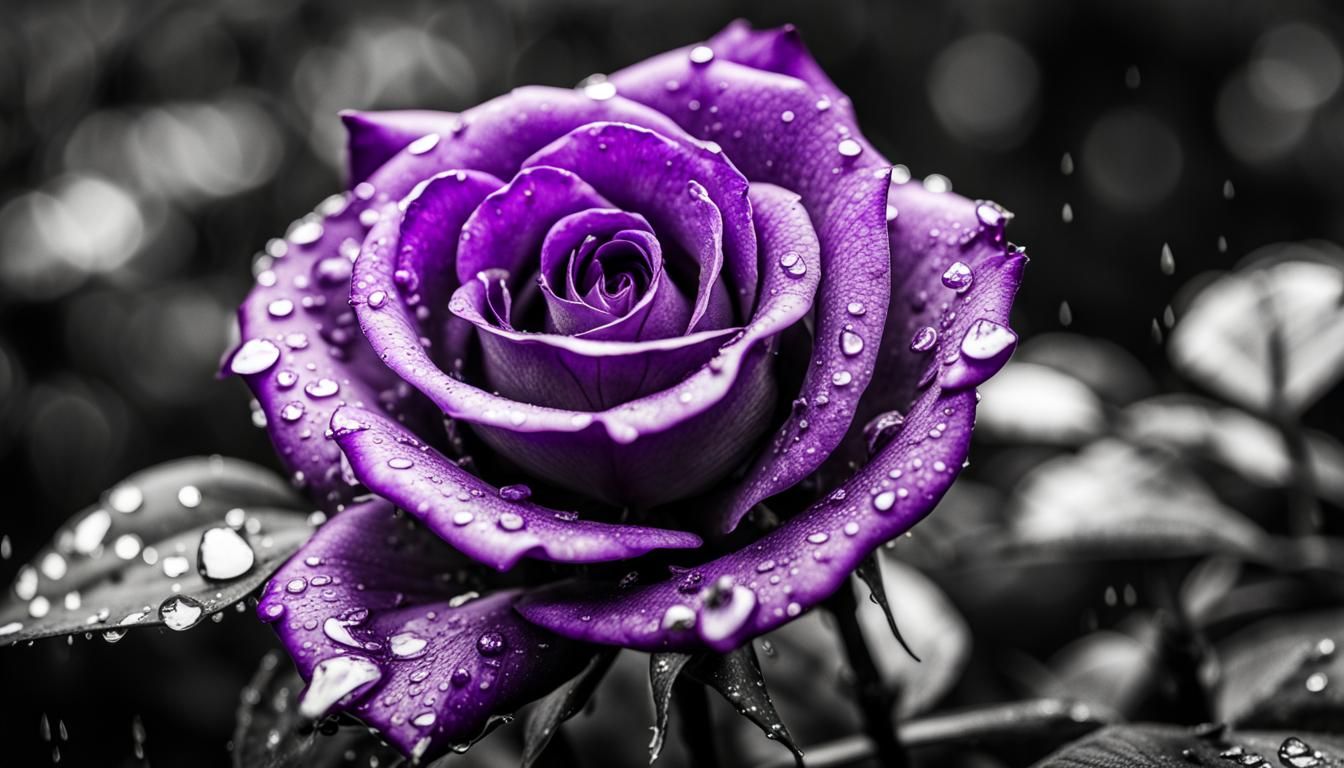 Color Splash Art: a purple wet rose pops, standing out vividly against a grayscale of rain on leaves. ...  by @Bunnzo