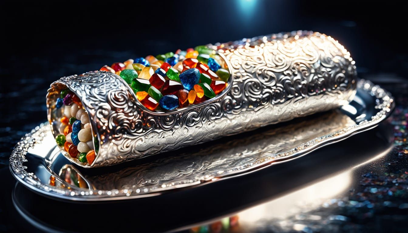 A glistening burrito made of polished gemstones rests on a silver platter. Medium shot. The gemstones ...  by @Ed Evans