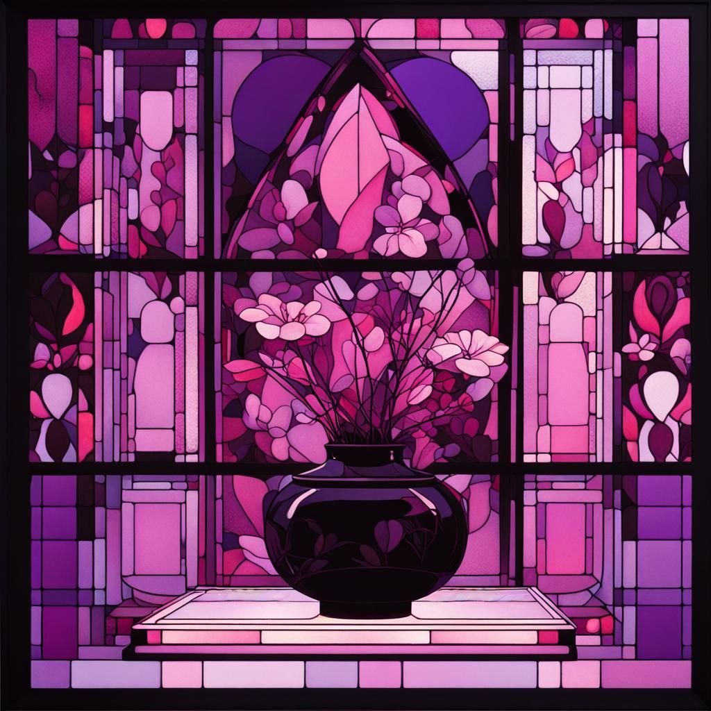 Limited palette of colors pink, purple, black still life made of reversepainting on stained