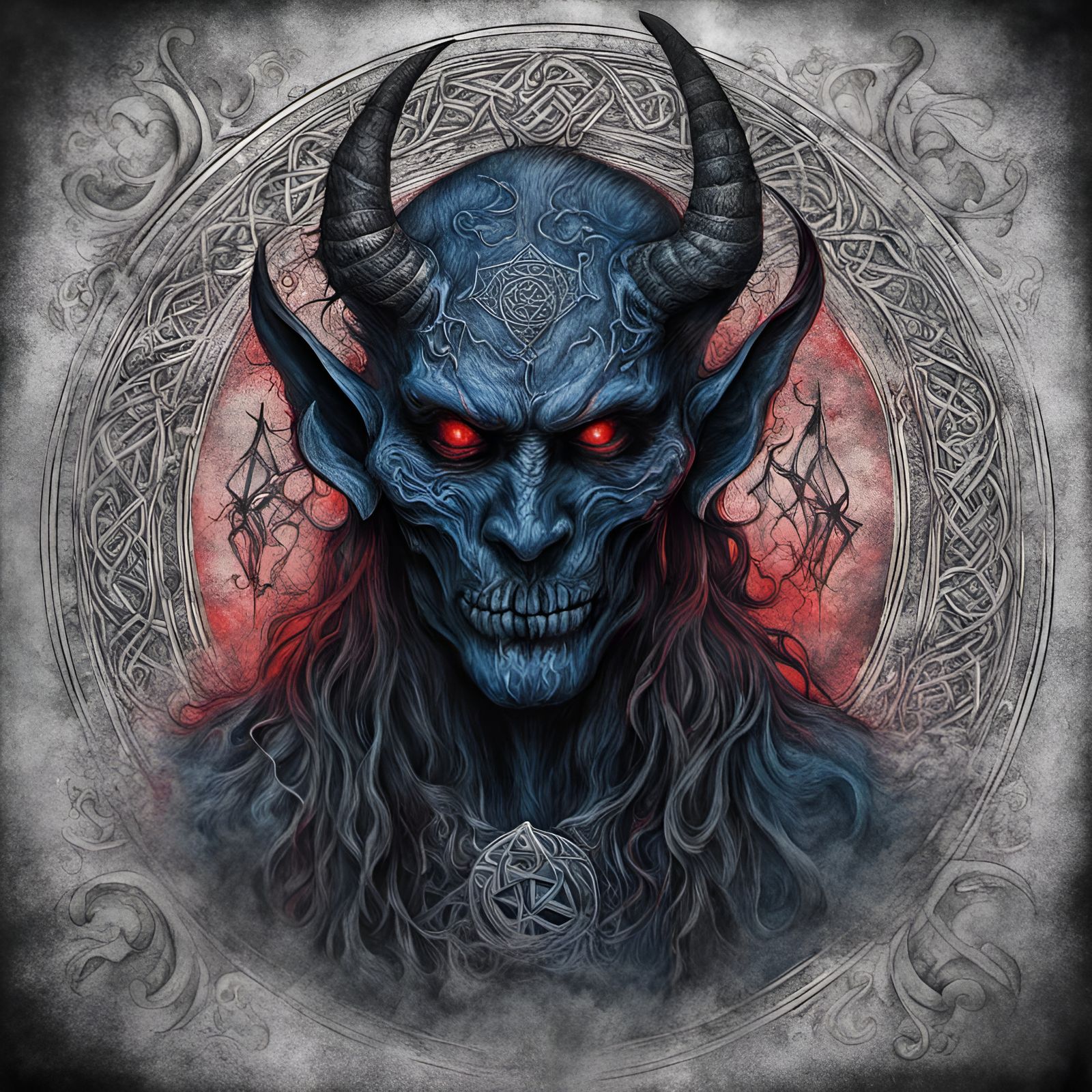Satanic Demon in Mystic blue and black and red mist,celtic p...