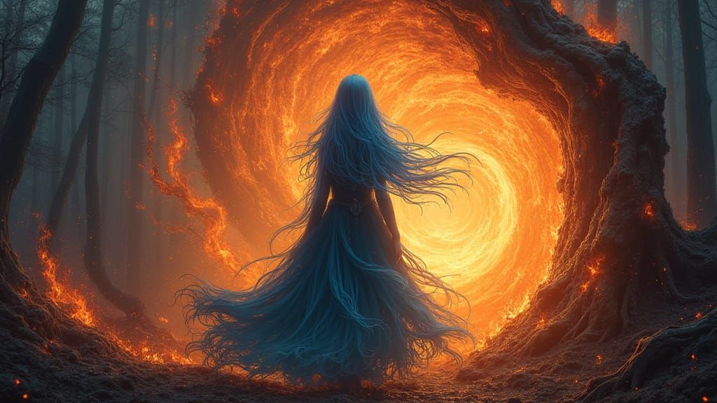 Mystical Blue-Haired Witch Amidst Inferno