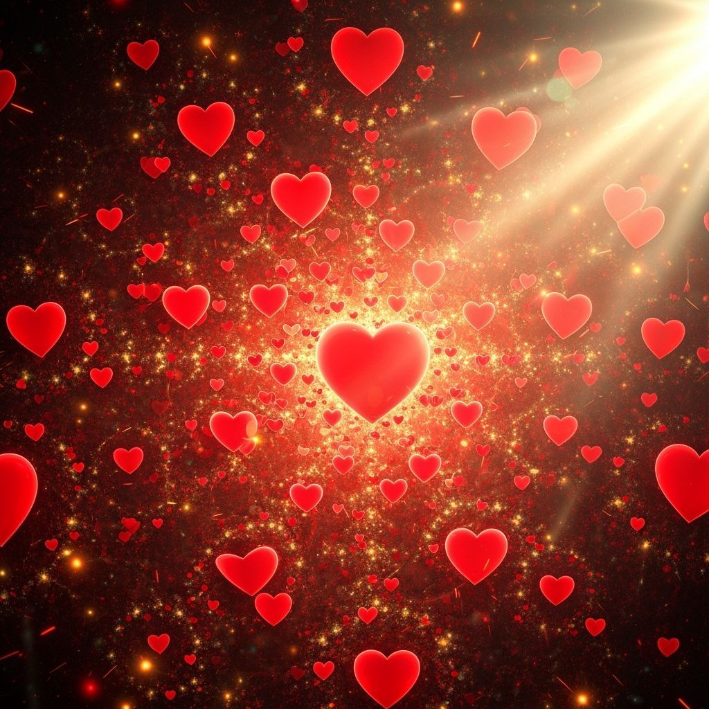 A majestic fractal with red hearts all over the place, Mandelbrot love with red and gold sparks 💖, sunlight passing through, white backgroun...